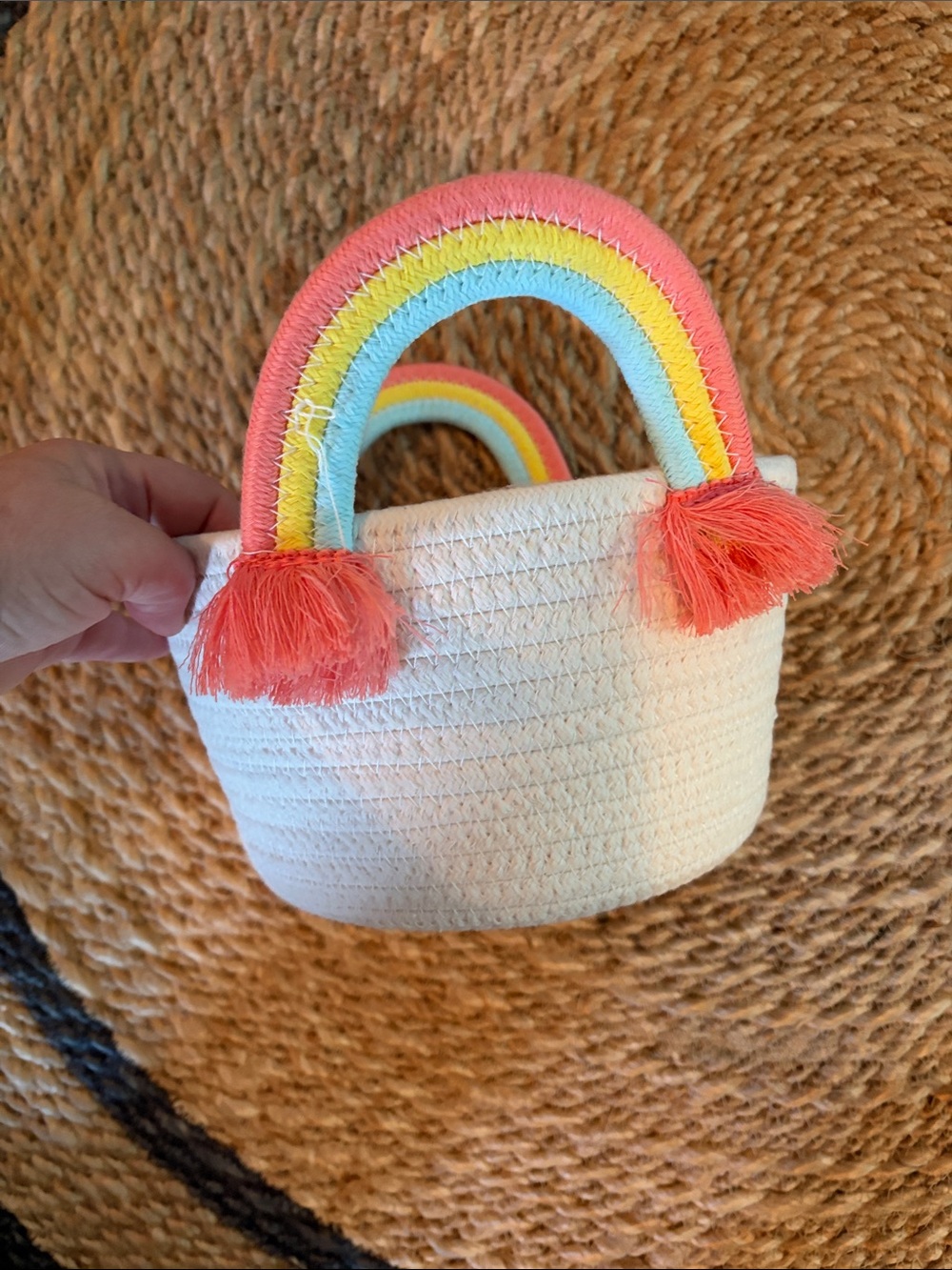 Target Kids White Rope Basket with Pink and Pastel Rainbow Handles